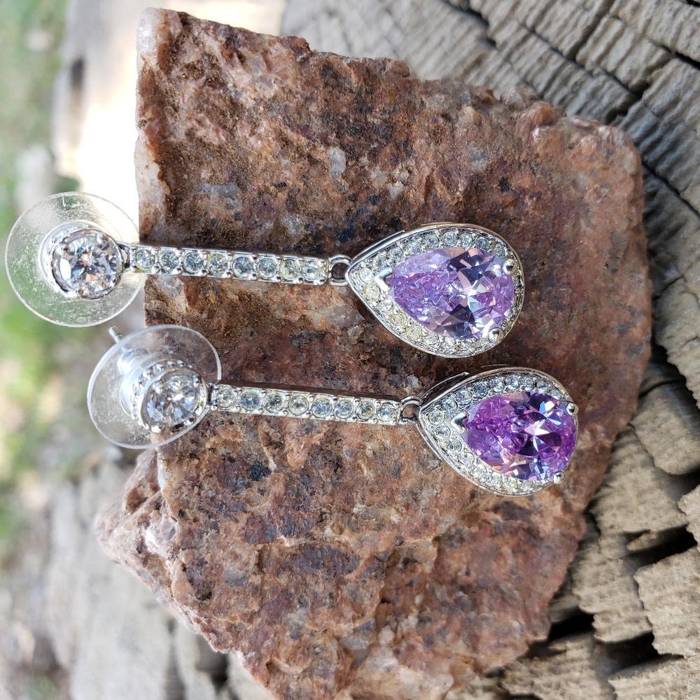 Purple CZ with round white CZ's Dangle Earrings